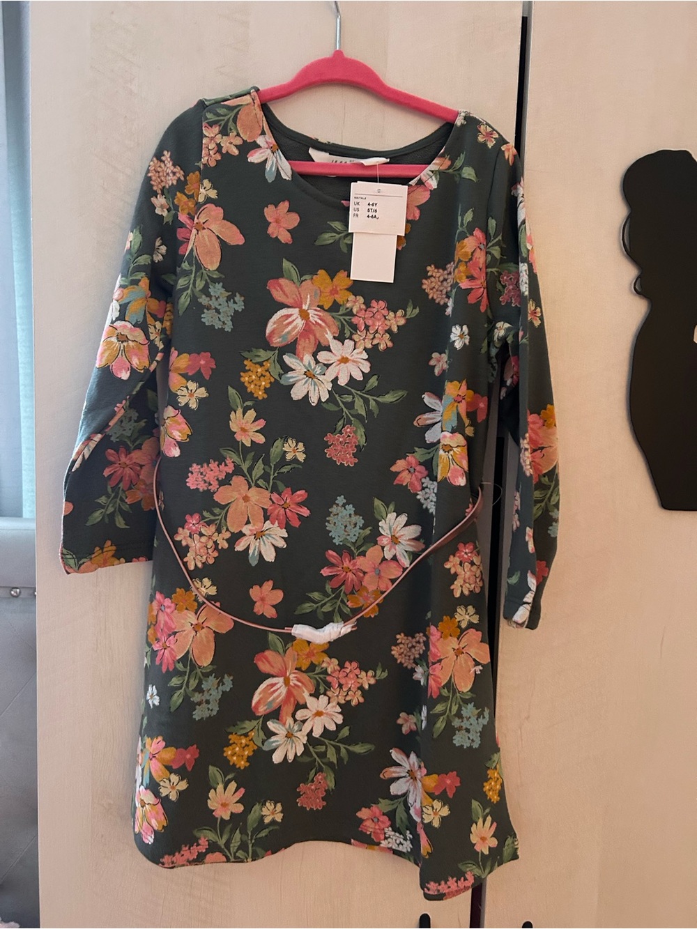 H&M Dark Green Floral Long Sleeve Shift Dress with Pink & Peach Blooms